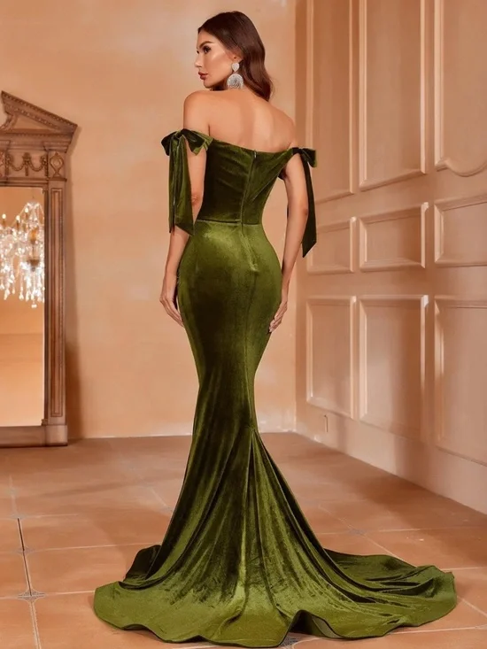 Faeriesty Off-Shoulder Olive Green Velvet Mermaid Dress - Picture 2 of 9